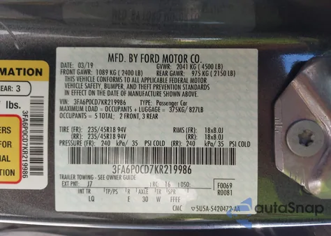 2019 Ford Fusion Sel from USA, damaged, VIN 3FA6P0CD7KR219986